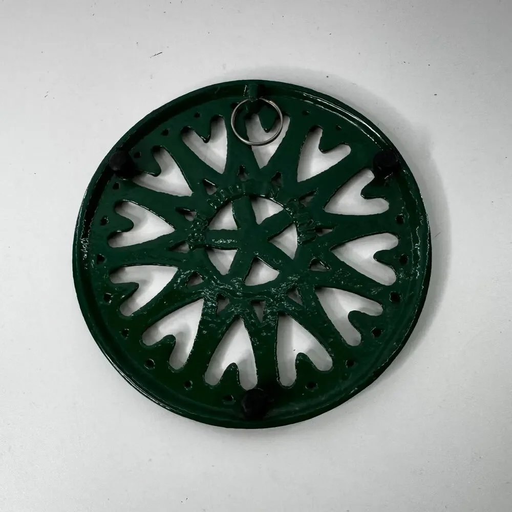 Vintage 8 Inch Cast Iron Trivet Green Round Hanging Decorative China 1994